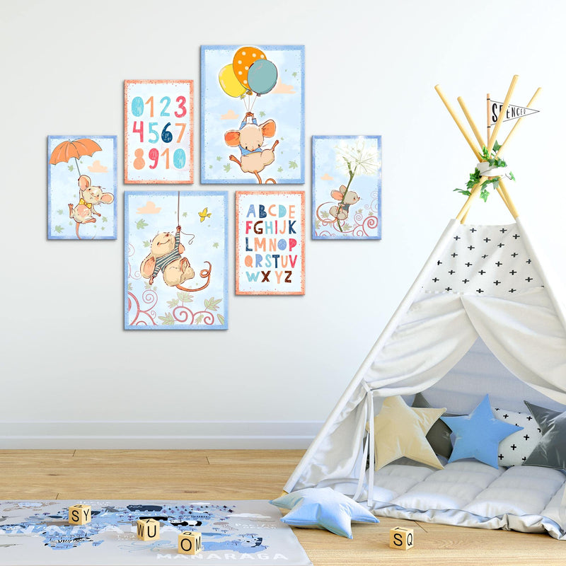 Novart Wandbilder Set Tiere Maus - KEIN EXTRA RAHMEN BENÖTIGT -  Modern Deko  - Kinderzimmer Mädchen Junge N017763a