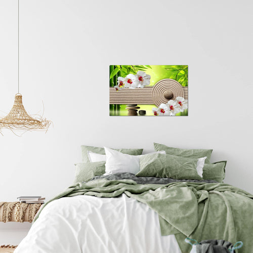 Runa Art Bild Feng Shui Orchidee Modern Wandbilder Wohnzimmer Schlafzimmer 1 Teilig - Made In Germany - Steine Spa Grün Beige Flur 501115b
