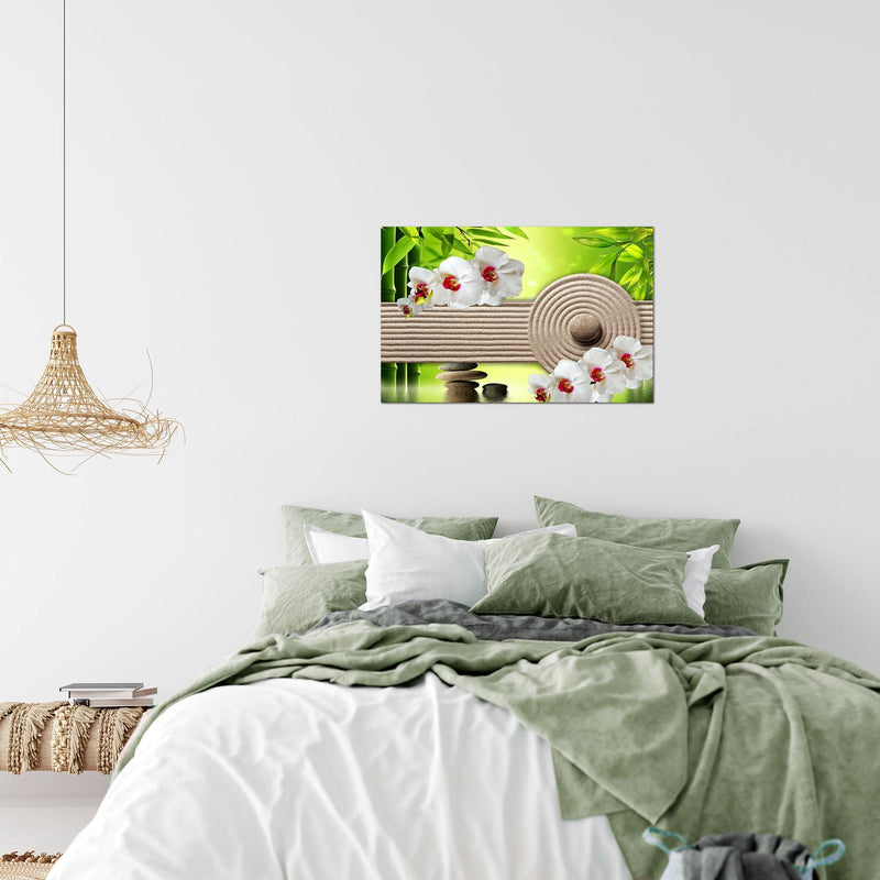 Runa Art Bild Feng Shui Orchidee Modern Wandbilder Wohnzimmer Schlafzimmer 1 Teilig - Made In Germany - Steine Spa Grün Beige Flur 501115b