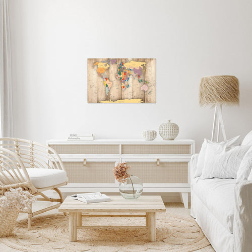 Runa Art Bild Weltkarte Holz Modern Wandbilder Wohnzimmer Büro 1 Teilig - Made In Germany - Kontinente Biege Flur 108715a