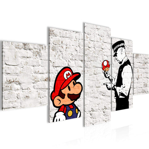 Runa Art Wandbilder Mario and Cop Banksy 5 Teilig Bild auf Vlies Leinwand Deko Jugendzimmer Wohnzimmer Street Art Weiss Bunt 006552a