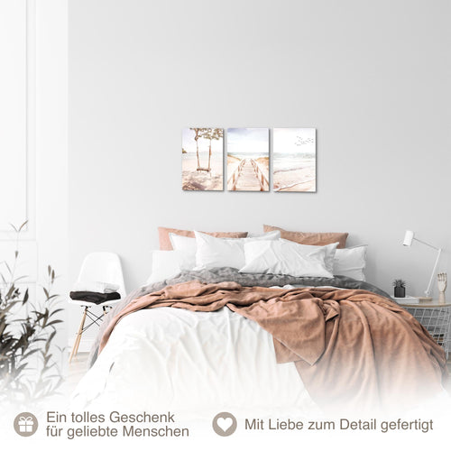 Novart Quadros Spiaggia Mare - Completamente Pronto Da Appendere - Soggiorno Camera da letto Corridoio Decorazione Elegante - Set 3 Pezzi Boho beige - N038130b