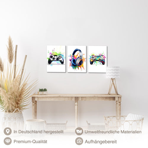 Novart Quadros Console di gioco Giocatore - Completamente Pronto Da Appendere - Sala giochi Ragazzi Adolescente Decorazione Elegante - Set 3 Pezzi Bianco - N038730a