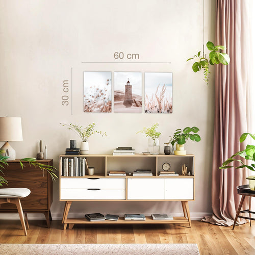 Novart Quadros Torre di luce Boho Mare - Completamente Pronto Da Appendere - Soggiorno Camera da letto Corridoio Decorazione Elegante - Set 3 Pezzi Beige - N034930a
