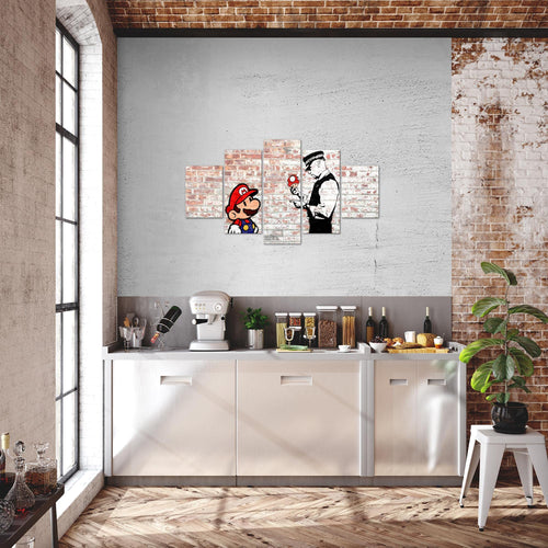 Runa Art Wandbilder Mario and Cop Banksy 5 Teilig Bild auf Vlies Leinwand Deko Jugendzimmer Wohnzimmer Street Art Braun Bunt 006552b