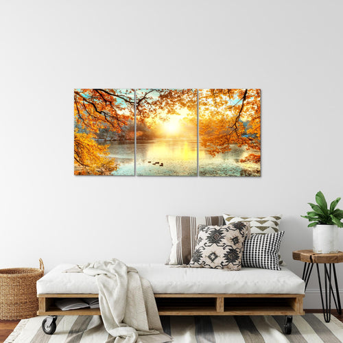 Runa Art Wandbilder Sonniger Wald Bild XXL Wohnzimmer Schlafzimmer Orange Gelb Wald Natur 120 x 80 cm 3 Teilig 050031a