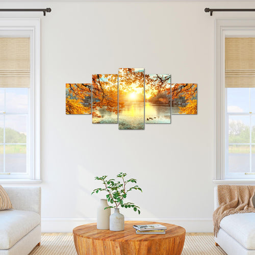 Runa Art Bild Wohnzimmer Schlafzimmer Sonniger Wald 5 Teilig Wald Natur Orange Gelb Wandbilder auf Vlies Leinwand 050053a