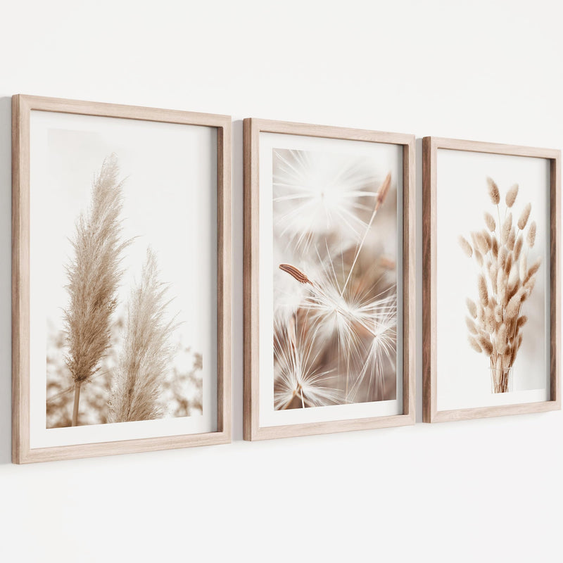 Novart Wandbilder Set mit Rahmen - Boho Pampas- KOMPLETT AUFHÄNGFERTIG - Wohnzimmer Schlafzimmer Flur Deko - 3 Moderne Bilder Beige - N008935aR1