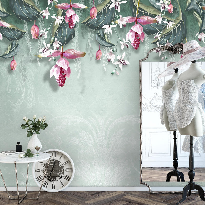 Novart Fototapeten 396 x 280 cm Blumen Blätter - Vlies Wanddekoration Wohnzimmer Schlafzimmer - Deutsche Manufaktur - grün N9122012b