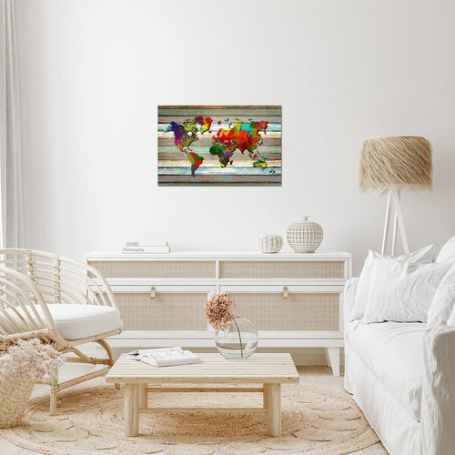 Runa Art Bild Weltkarte Modern Wandbilder Wohnzimmer Büro 1 Teilig - Made In Germany - Vintage Holz Bunt Flur 105415a