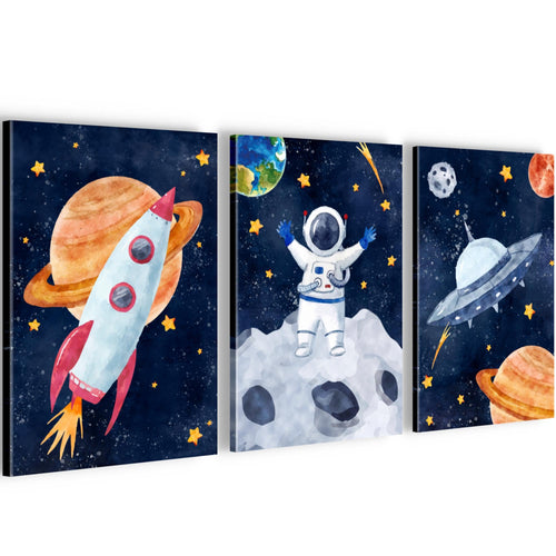 Novart Quadros In tutto il mondo Razzo - Completamente Pronto Da Appendere - Camera dei bambini Decorazione Elegante - Set 3 Pezzi Blu Colorati - N030030a