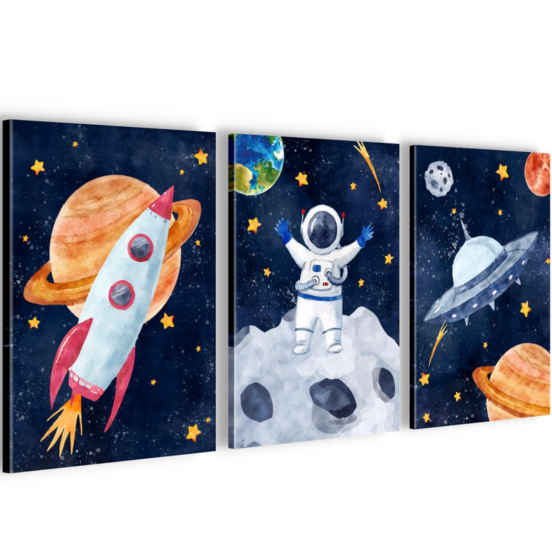 Novart Quadros In tutto il mondo Razzo - Completamente Pronto Da Appendere - Camera dei bambini Decorazione Elegante - Set 3 Pezzi Blu Colorati - N030030a