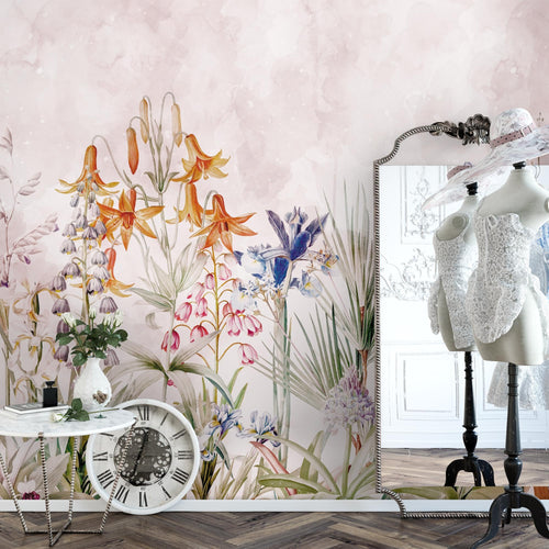 Novart Fototapete Blumen 396 x 280 cm Wandtapete Blumenwiese Rosa Wohnzimmer Schlafzimmer - N9131012a