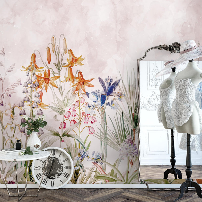 Novart Fototapete Blumen 396 x 280 cm Wandtapete Blumenwiese Rosa Wohnzimmer Schlafzimmer - N9131012a