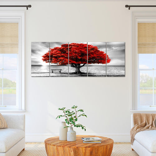 Runa Art Wandbilder XXL Strand Sonnenuntergang Wohnzimmer Schlafzimmer 200 x 80 cm Grau Rot 5 Teilig - Made in Germany - 050655a