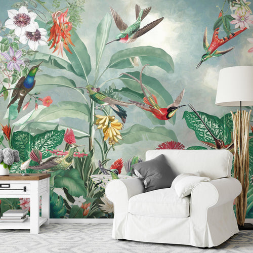 Novart Fototapete Blumen 396 x 280 cm Wandtapete Blumenwiese Vögel Wohnzimmer Schlafzimmer - N9127012a