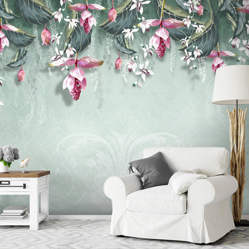 Novart Fototapeten 396 x 280 cm Blumen Blätter - Vlies Wanddekoration Wohnzimmer Schlafzimmer - Deutsche Manufaktur - grün N9122012b