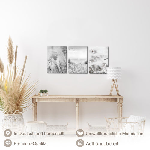Novart Quadros Spiaggia Mare Boho - Completamente Pronto Da Appendere - Soggiorno Camera da letto Corridoio Decorazione Elegante - Set 3 Pezzi Grigio - N033830b