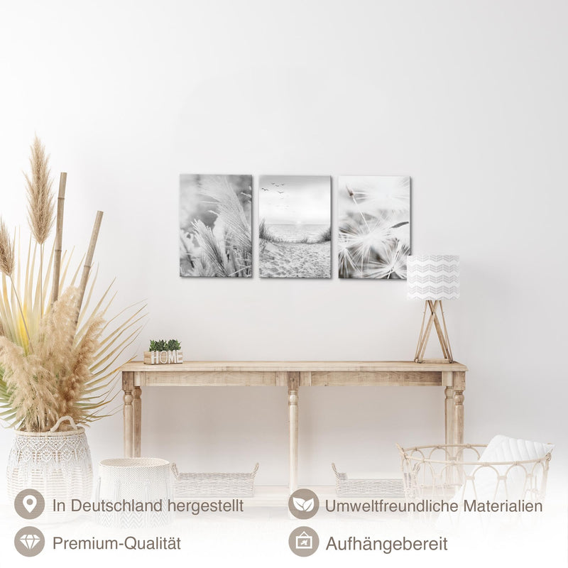 Novart Quadros Spiaggia Mare Boho - Completamente Pronto Da Appendere - Soggiorno Camera da letto Corridoio Decorazione Elegante - Set 3 Pezzi Grigio - N033830b