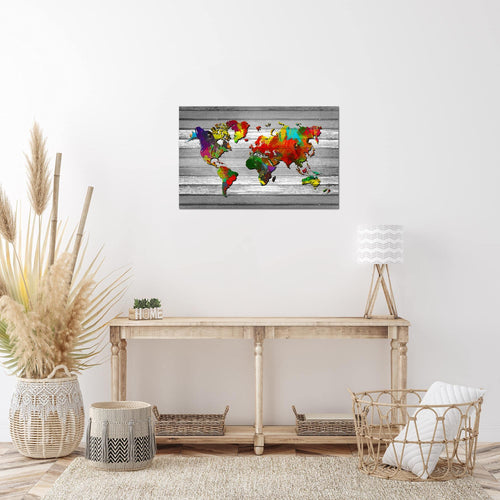 Runa Art Bild Weltkarte Modern Wandbilder Wohnzimmer Büro 1 Teilig - Made In Germany - Kontinente Holz Bunt Flur 105415b