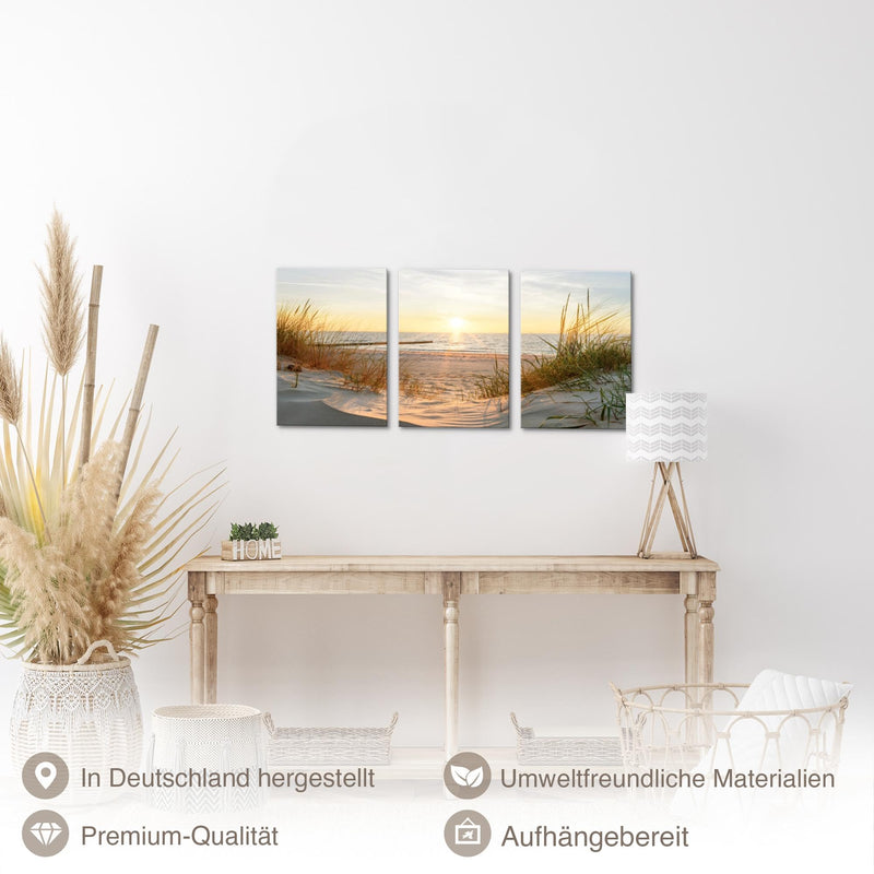 Novart Quadros Spiaggia Mare Boho - Completamente Pronto Da Appendere - Soggiorno Camera da letto Corridoio Decorazione Elegante - Set 3 Pezzi Beige - N034730a