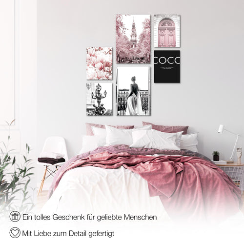 Novart Wandbilder Set Fashion Rosa - KEIN EXTRA RAHMEN BENÖTIGT -  Modern Deko  - Wohnzimmer Mädchen Teenager N005063a
