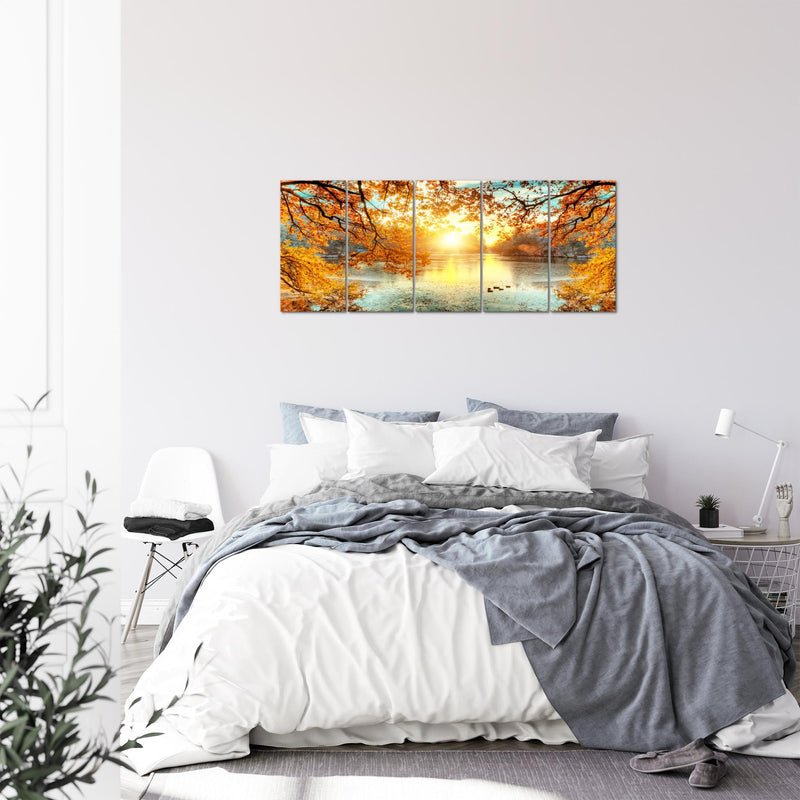 Runa Art Bild Sonniger Wald Wandbilder auf Vlies Leinwand 5 Teilig Wanddekoration Wohnzimmer Schlafzimmer 050056a