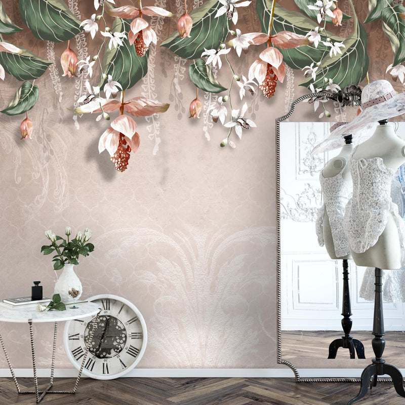 Novart Fototapeten 396 x 280 cm Blumen Blätter - Vlies Wanddekoration Wohnzimmer Schlafzimmer - Deutsche Manufaktur - grau N9122012a