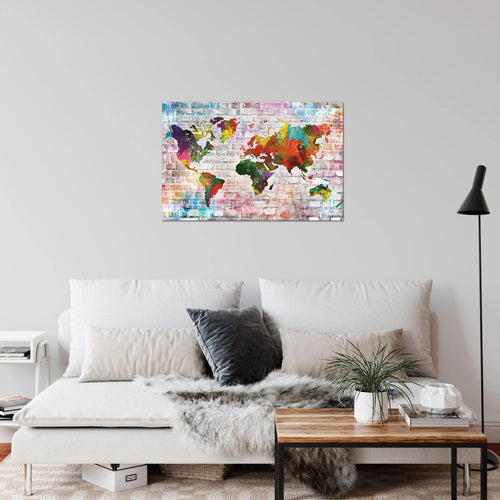 Runa Art Bild Weltkarte Modern Wandbilder Wohnzimmer Büro 1 Teilig - Made In Germany - Steinoptik Ziegel Bunt Flur 106915a