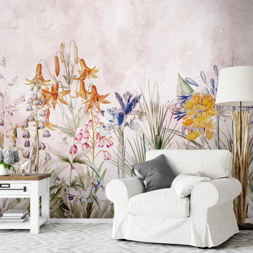 Novart Fototapete Blumen 396 x 280 cm Wandtapete Blumenwiese Rosa Wohnzimmer Schlafzimmer - N9131012a