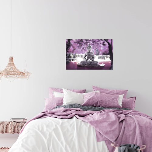 Runa Art Bild Buddha Wasserfall Modern Wandbilder Wohnzimmer Schlafzimmer 1 Teilig - Made In Germany - Landschaft Violett Lila Flur 503515c