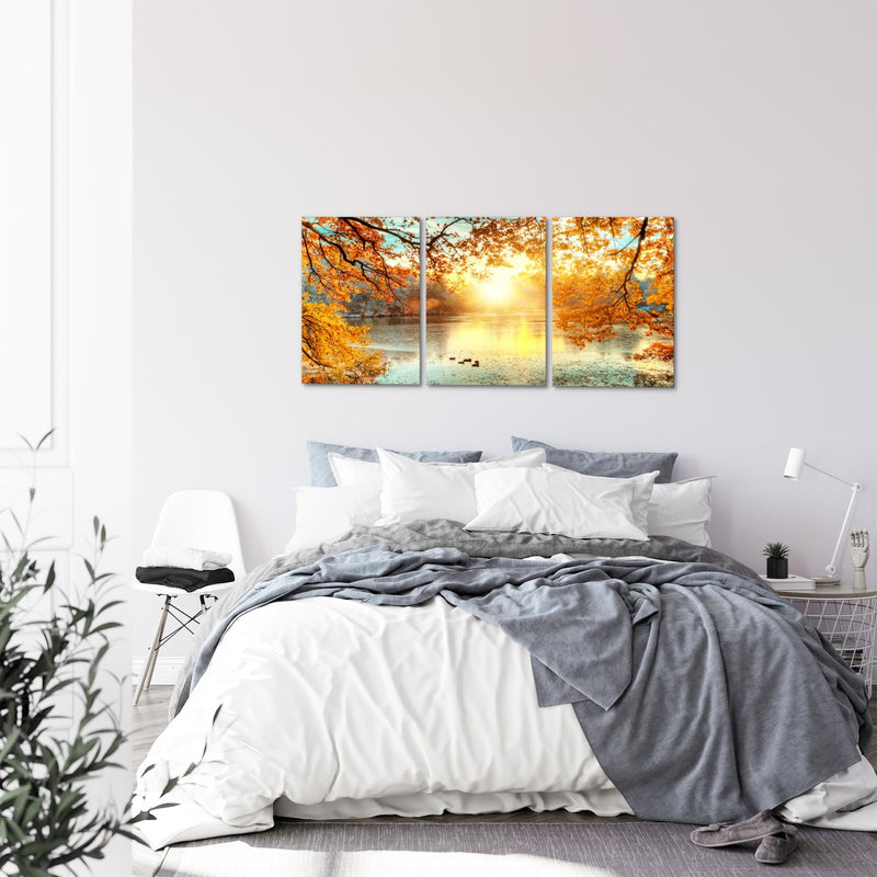 Runa Art Wandbilder Sonniger Wald Bild XXL Wohnzimmer Schlafzimmer Orange Gelb Wald Natur 120 x 80 cm 3 Teilig 050031a