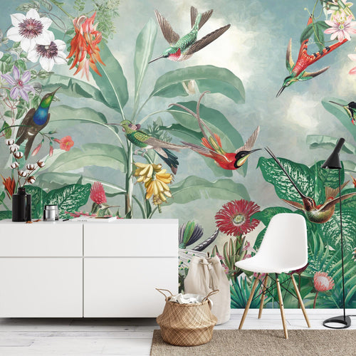 Novart Fototapete Blumen 396 x 280 cm Wandtapete Blumenwiese Vögel Wohnzimmer Schlafzimmer - N9127012a