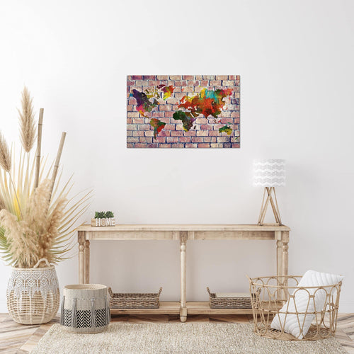 Runa Art Bild Weltkarte Modern Wandbilder Wohnzimmer Büro 1 Teilig - Made In Germany - Ziegelwand Rot Bunt Flur 106915c
