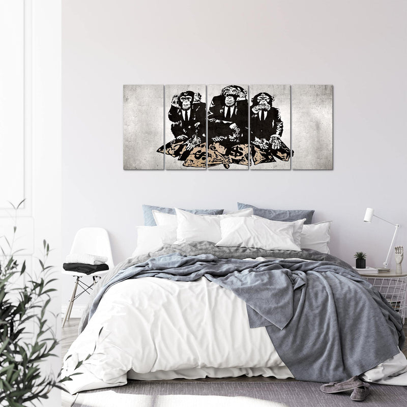 Runa Art Wandbild XXL Street Art Affen Loft Wohnzimmer 200 x 80 cm Grau 5 Teilig - Made in Germany - 303455b