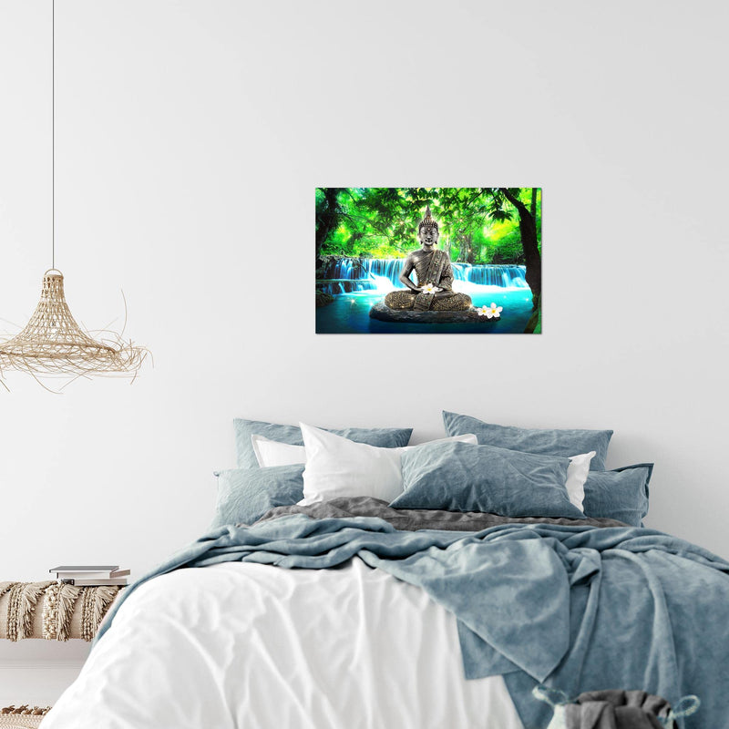 Runa Art Bild Buddha Wasserfall Modern Wandbilder Wohnzimmer Schlafzimmer 1 Teilig - Made In Germany - Natur Blau Grün Flur 503515b