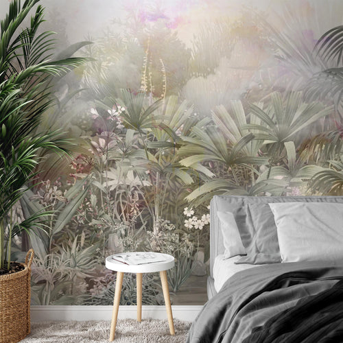 Novart Fototapete Dschungel 396 x 280 cm Wandtapete Blätter Blumen Grün Grau Wohnzimmer Schlafzimmer - N9123012a