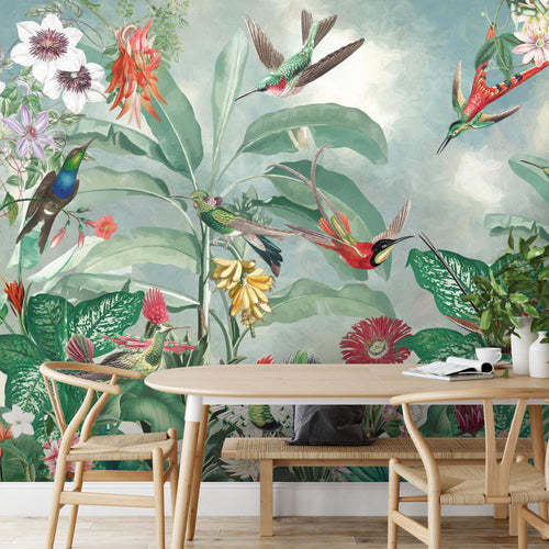 Novart Fototapete Blumen 396 x 280 cm Wandtapete Blumenwiese Vögel Wohnzimmer Schlafzimmer - N9127012a