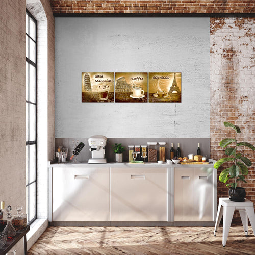 Runa Art Bilder Küche Kaffee 3 Teilig Bild auf Vlies Leinwand Deko Esszimmer Küchenbilder 90 x 30 cm Collage Grün 500734b