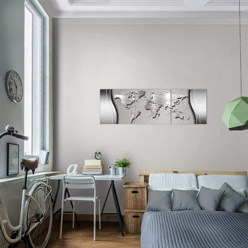 Runa Art - Bilder Weltkarte 120 x 40 cm 3 Teilig Wandbild auf Vlies Leinwand Silber Mehrteilig Modern 107233b