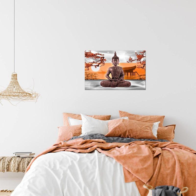 Runa Art Bild Buddha Feng Shui Modern Wandbilder Wohnzimmer Schlafzimmer 1 Teilig - Made In Germany - Kirschblume Grau Orange Flur 504915c