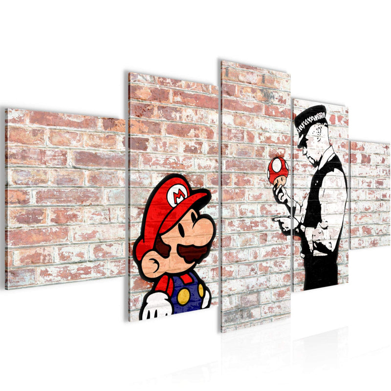 Runa Art Wandbilder Mario and Cop Banksy 5 Teilig Bild auf Vlies Leinwand Deko Jugendzimmer Wohnzimmer Street Art Braun Bunt 006552b