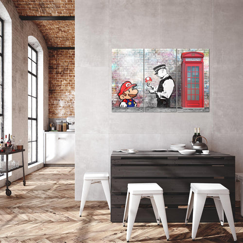 Runa Art Wandbilder Super Mario And Cop Bild XXL Jugendzimmer Wohnzimmer Grau Bunt Graffiti 120 x 80 cm 3 Teilig 032931b