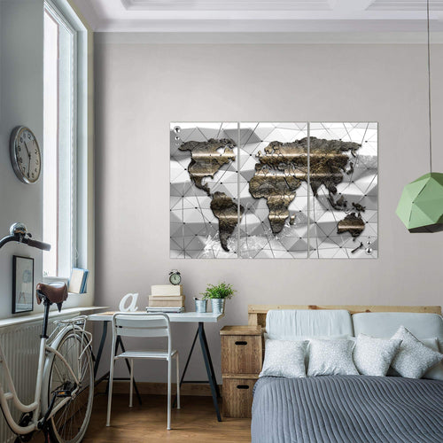 Runa Art Wandbilder Weltkarte Bild XXL Büro Wohnzimmer Grau 3D Effekt 120 x 80 cm 3 Teilig 005231c