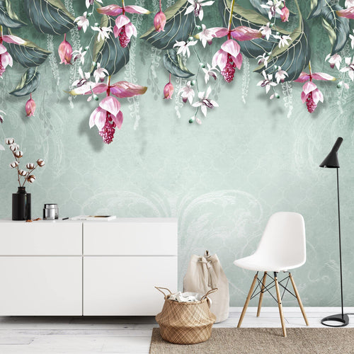 Novart Fototapeten 396 x 280 cm Blumen Blätter - Vlies Wanddekoration Wohnzimmer Schlafzimmer - Deutsche Manufaktur - grün N9122012b