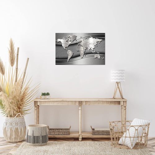 Runa Art Bild Weltkarte Modern Wandbilder Wohnzimmer Büro 1 Teilig - Made In Germany - Abstrakt Metall Silber Flur 107215b