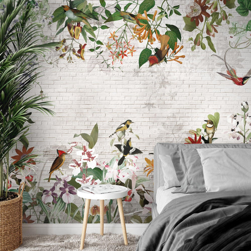 Novart Fototapeten 396 x 280 cm Blumen Vögel - Vlies Wanddekoration Wohnzimmer Schlafzimmer - Deutsche Manufaktur - Blätter Pflanze N9125012a