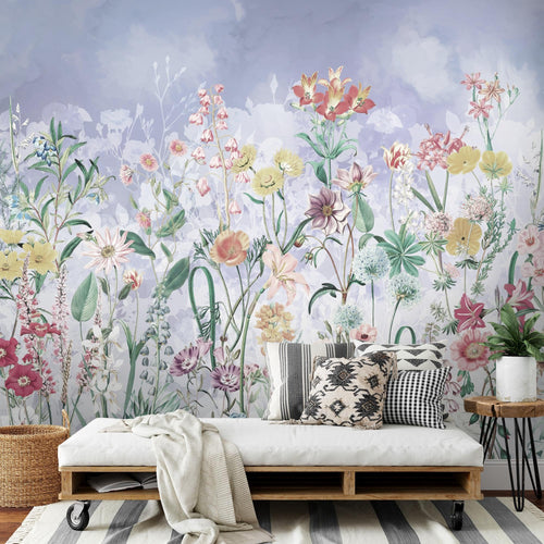 Novart Fototapete Blumen 396 x 280 cm Wandtapete Blumenwiese Blau Wohnzimmer Schlafzimmer - N9130012a