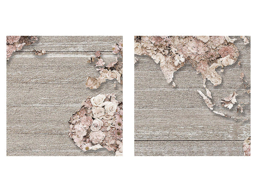 Runa Art Wandbild Weltkarte Blumen 1 Teilig 100 x 40 cm Modern Bild auf Vlies Leinwand Steinwand Wohnzimmer Grau Rosa 023212a