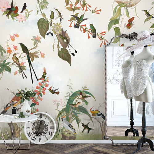 Novart Fototapete Blumen 396 x 280 cm Wandtapete Blumenwiese Vögel Wohnzimmer Schlafzimmer - N9124012a